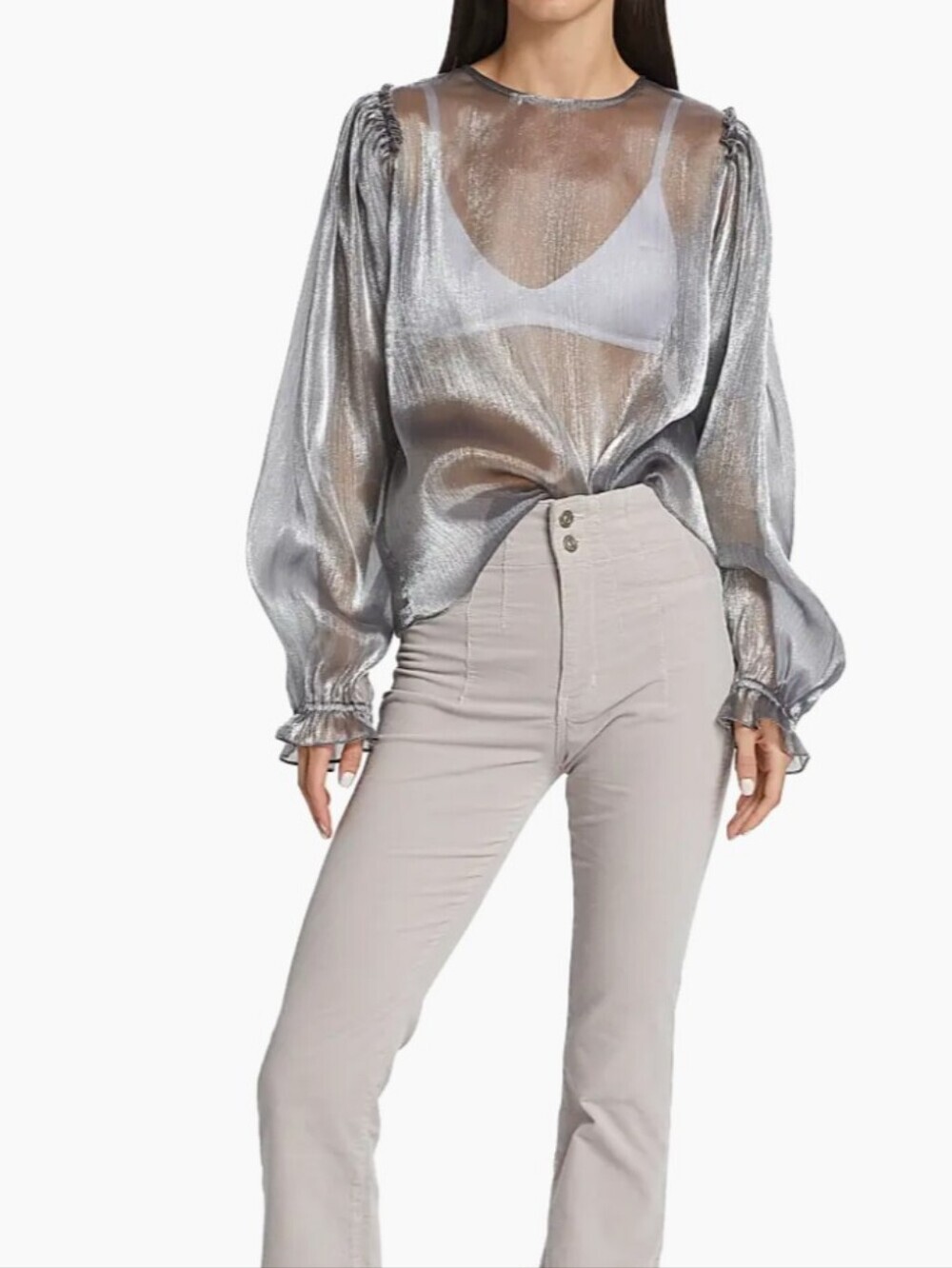 M • Free People • Freya Metallic Semi-Sheer Silver Balloon-Sleeve Blouse - Picture 3 of 7